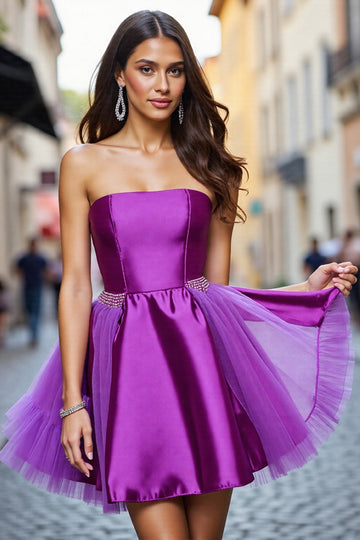 A Line Dark Purple Tulle Beaded Short Prom Dress